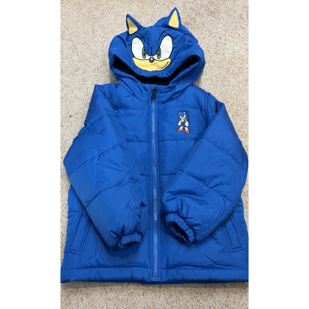 Sonic The Hedgehog Puffer Jacket Kids L/7 Blue Hooded Coat Sega Gamer Outdoor